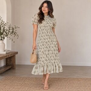 Reverse Floral Smocked Puff Sleeve Midi Dress Cream Brown Fall Medium NWT